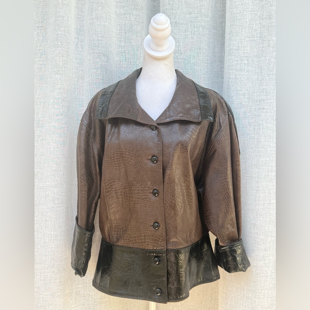 1990 Lillie Rubin brown embossed leather black trim jacket